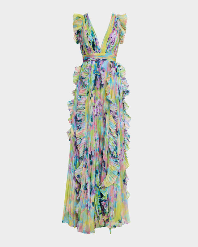 Pleated Ruffle-Trim Chiffon Gown